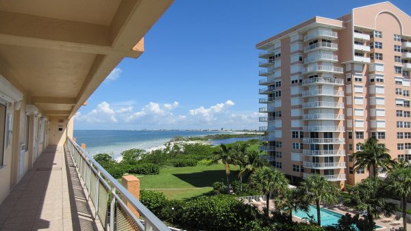 view of beach and condo buildings